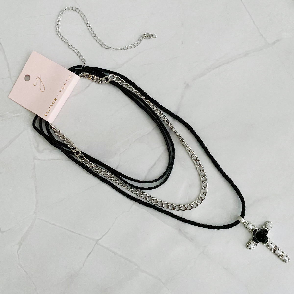 Layered Black Rose Cross Necklace