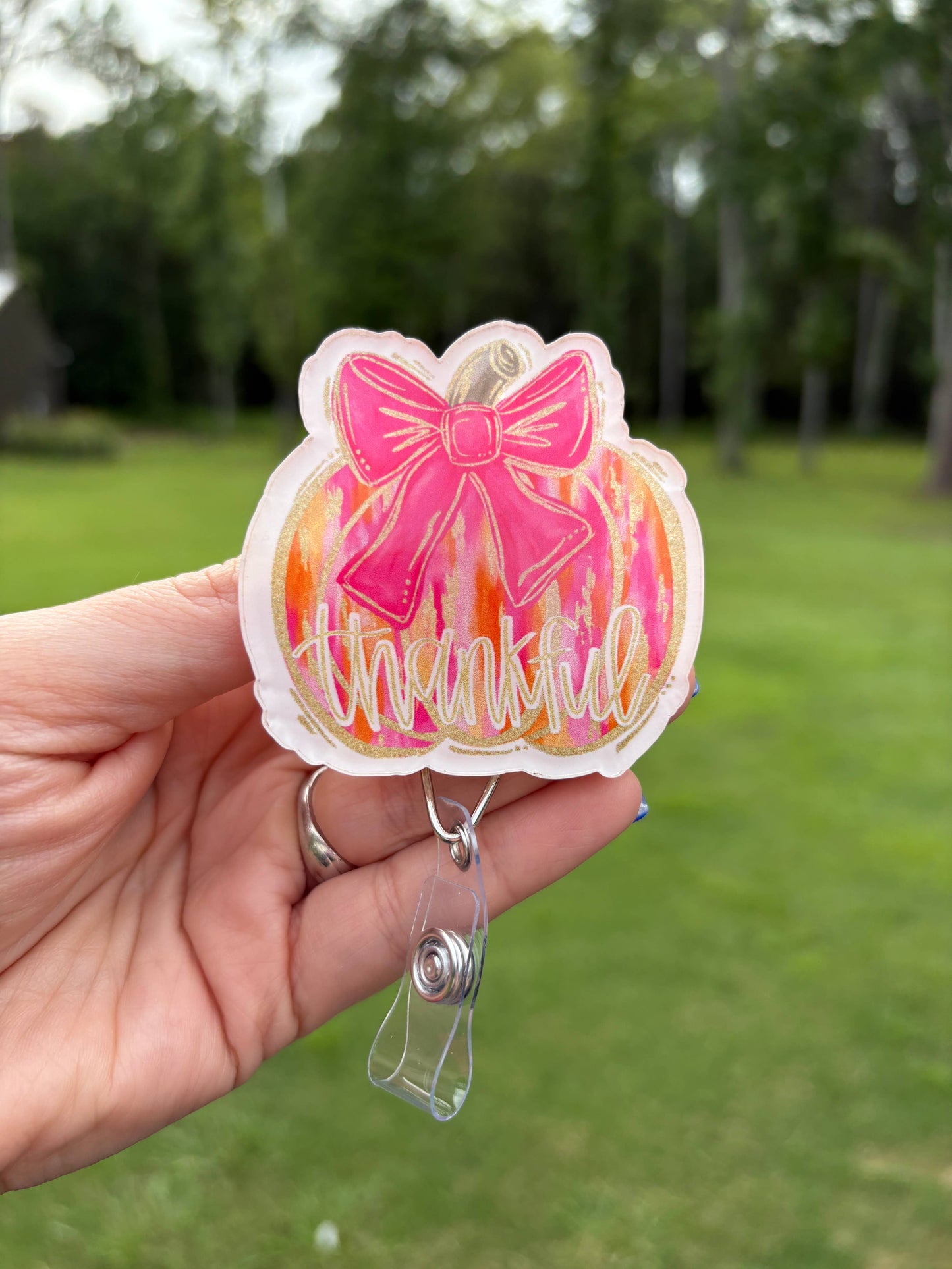 Pink Thankful Pumpkin Acrylic Badge Reel